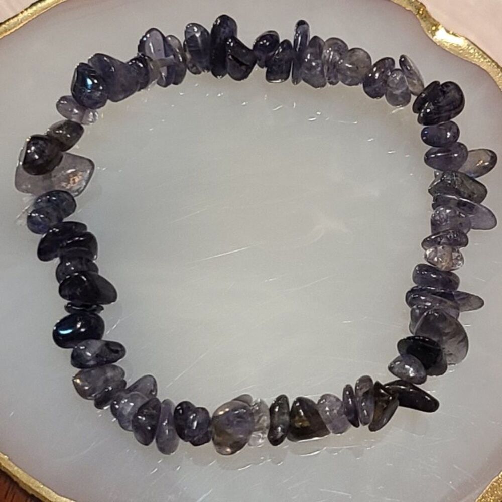 Natural Iolite Chip Bracelet Indigo Crystal Gemstone Stretch Beaded Boho Jewelry